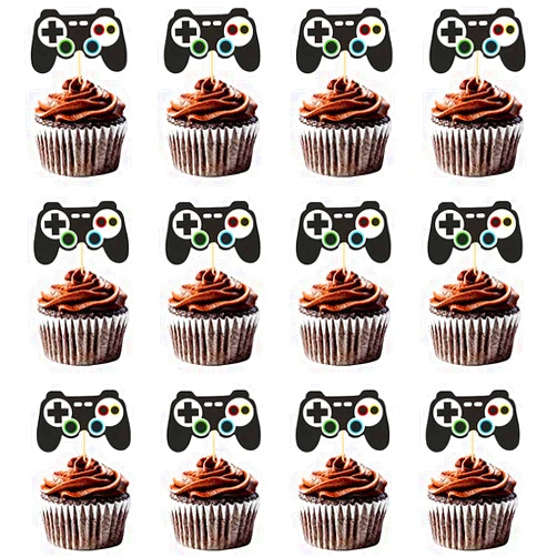 Kawailay 24 Pcs Video Game Controllers Cupcake Toppers Gamepad Cupcake Picks Gamer Birthday Cake Decor Cake Dessert Muffin Toppers for Kids Boy Birthday Party
