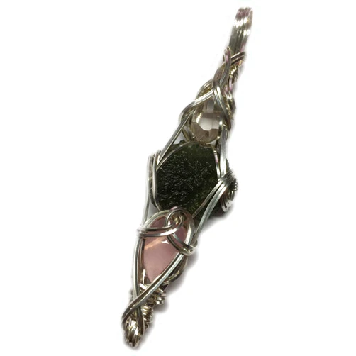 Rocks2Rings Moldavite Crystal with Herkimer Diamond Rose Quartz Necklace Pendant - Sterling Silver VERY high vibration combination Czech Republic Healing Trio (Moldavite Herkimer Rose Quartz, sterling-silver)