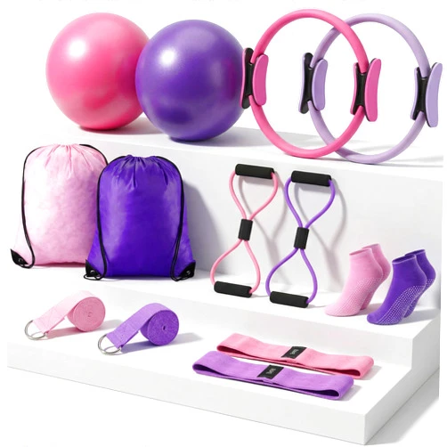 Poen Pilates Equipment Kit for Home Workout Pilates Ring and Ball Set for Women 12'' Circle Yoga Fitness Essentials Kit with Resistance Bands, Yoga Strap, Socks,Bag