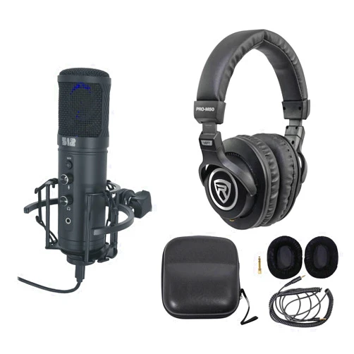 Audiosavings Bundle: Rockville PRO-M50 Studio Headphones w/Detachable Coil Cable, Case+Extra Ear Pad Bundle w/ 512 Audio by Warm Audio Tempest Large Diaphragm Condenser USB Microphone+Stand (2 Items)