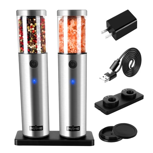 PRIME, Electric Salt and Pepper Grinder Set, 2 Mills, Rechargeable, With Charging Base, USB Cable, Power Adapter, Automatic Tact Switch Operation, Adjustable Coarseness, Stainless Steel (Ver. 2.2)