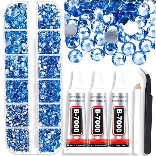 Towenm Rhinestone Bedazzler Kit with B7000 Glue, 4000PCS Light Blue Rhinestones for Craft Clothes Shoes, Glue Fix Flatback Gems for Nails Face Jewelry, Mixed 5 Sizes 2/3/4/5/6mm Sky Blue Bejeweled Kit