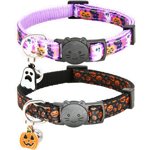 Giecooh 2 Pack Cat Collar Breakaway with Bells, Adjustable Cute Tribal Pattern Kitten Safety Collars for Boys & Girls, Purple + Black