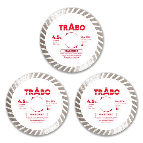 Trabo 4.5 Inch 3 Pack Turbo Rim Diamond Metal Bond Blade for Cutting Cement, Pavers, Concrete with Rebar, Natural Stone and More, with 7/8 Inch Arbor with 5/8 Inch Reducer Ring