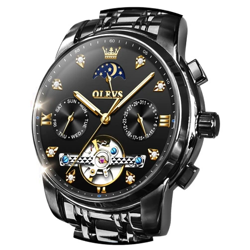 OLEVS Watches for Men Automatic Skeleton 5 Hands Mechanical Luxury Watch Classic Calendar Stainless Steel Waterproof Mens Wrist Watch