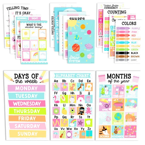 Hadley Designs 16 Educational Posters for Classroom & Kindergarten, Kindergarten Classroom Must Haves, Laminated PreK Learning Chart Materials US & World Map, ABC Alphabet, Shapes, Days of the Week