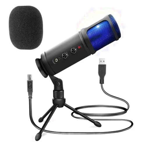 JOVIAL USB PC Recording Condenser Microphone-Blue LED,Adjustable Gain,Headphone Jack,Mute Control,Tripod Stand-Portable Pro Audio Condenser Desk Mic for Podcast Streaming Gaming-Pyle PDMIUSB50