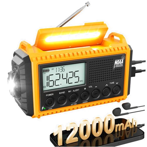 ROCAM 44400mWh Emergency Radio- AUTO NOAA Weather Radio,Battery Operated Hand Crank Radio, Solar Portable AM/FM/SW Weather Alert Radio with Flashlight, Phone Charger, Headphone Jack,SOS Alarm for Survival