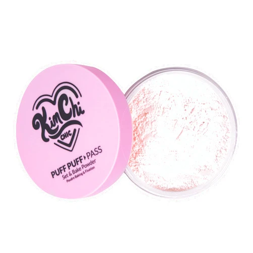 KimChi Chic Beauty Puff Puff Pass Set and Bake Powder, Loose Face Powder with Extra Fluffy Setting Powder Puff, Translucent Face Makeup for Uneven Skin Tone, 09 Pink