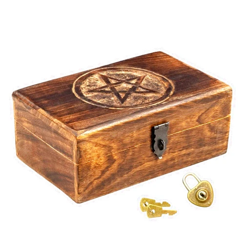 Leuchwald Handmade Wooden Crystal Storage Box with Lock - Engraved Pentagram Design - Multi-functional for Jewelry, Stationery, Cosmetics, and More