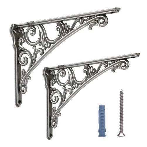 HARPOON 10 Inch Shelf Brackets 2 Pack Heavy Duty Wall Bracket Baroque Kitchen Decorative Rack Shelves Silver Old