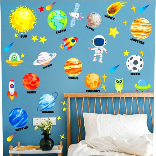PartyGarden Outer Space Wall Decals - 4 Sheets 58 Pcs Large Space Planets Rocket Astronaut Wall Stickers Peel and Stick Removable Wall Decors for Kids Baby Bedroom Boys Room Nursery Playroom Classroom
