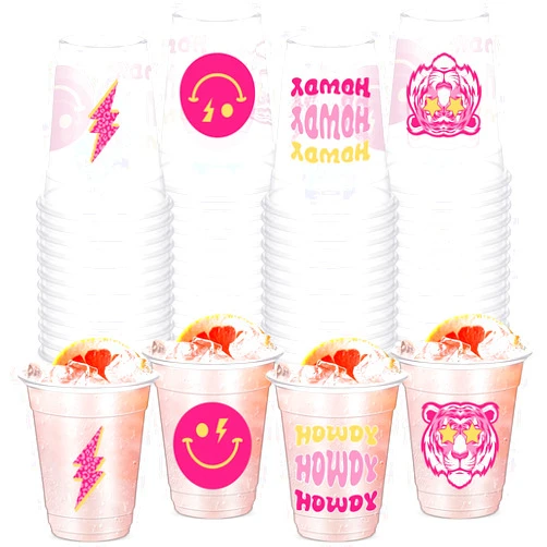 Yaomiao 50 Pieces Preppy Cups 12 oz Bulk Howdy Disposable Plastic Cups Smile Preppy Birthday Clear Drinking Beverage Cups for Teens Adults Birthday Bridal Shower Bachelorette Party Decoration Supplies
