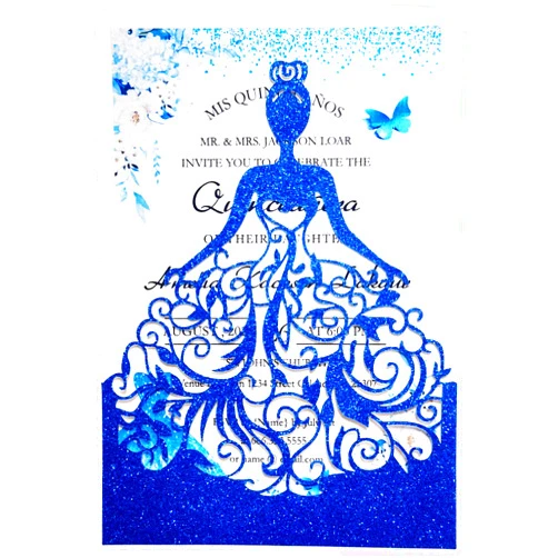 FLZOPYNE 5 x7.3 Inch 20PCS Royal Blue Quinceanera Invitations Cards, Sweet 16 Laser Cut Girl Princess Invitation Card Kit with Envelopes for Wedding, Party, Quinceañera, XV Años, Mis Quince (Royal