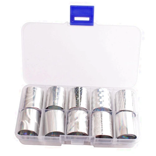 WOKOTO 10 Rolls Sliver Foil Nail Art Wraps Stickers Tip Dot Laser Adhesive Nail Transfer Decals Starry Sky Manicure Decoration Kit (0.98inchs*39.4inchs)
