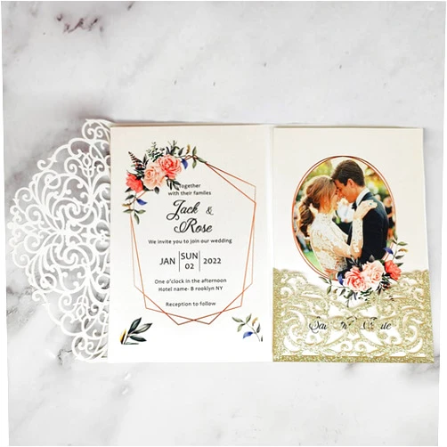 ALVESTORY 50x Champagne Gold Laser Cut Wedding Invitations Cards with RSVP and Envelopes Tri-Fold Invitation Pocketfold for Quinceanera Engagement Graduation Rehearsal Party Invitation Customized