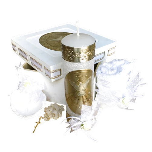 Arcángeles Mexicanos Catholic Baptism Candle Set in a Wooden Box with Towel, Candle, Rosary and Shell for Baby Boys and Girls. Handmade Gift for Godparents. Holy Baptism Spirit Candle Set. Kit de Bautizo.