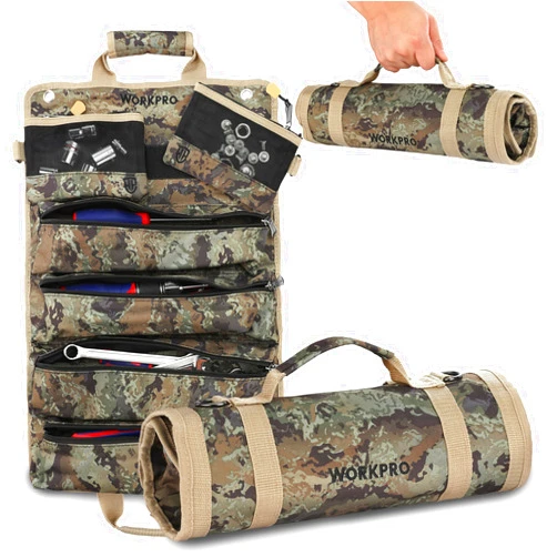 WORKPRO Roll Tool Bag with Detachable Pouches, Heavy Duty Organizer - 6 Pockets, for Mechanics, Electricians, Plumbers & Carpenters - Camo