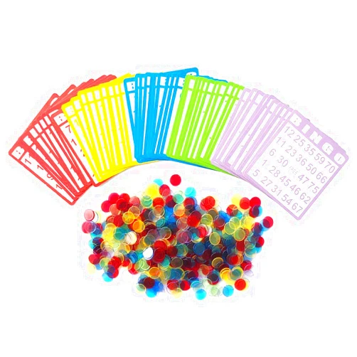 Yuanhe Bingo Cards Game Set - Includes 50 Bingo Cards and 500 Colorful Transparent Bingo Chips, for Bingo Games and Card Games