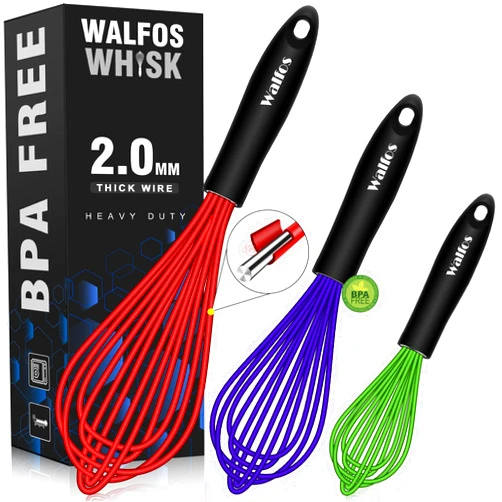 Walfos Whisk,8.5+9+11in Silicone whisk, BPA free Whisks for Cooking Non Scratch. Heat Resistant(480°F) Wisk. Perfect for Blending, Mixing, Beating etc.Dishwasher Safe.Set of 3 (Colorful)