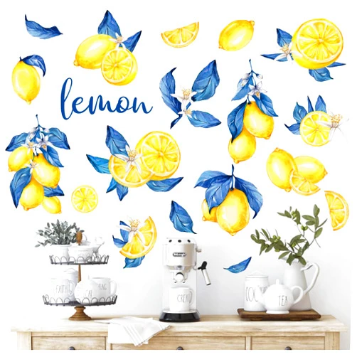 Whaline 12 Sheets Capri Lemon Wall Stickers Blue Yellow Fruit Wall Decals Watercolor Room Mural Stickers for Summer Party Home Nursery, 7.9 x 11.8 Inch