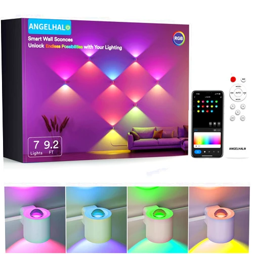 ANGELHALO Smart Wall Sconces, Music Sync Indoor Double-Headed Wall Lights, Works with Alexa, Multicolor LED Wall Light for Home Decor, Dynamic Scenes Indoor Light for Living Room, Bedroom, 7 Pack
