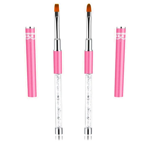 Hariendny 2Pcs Oval & Flat Gel Nail Brush Set Rhinestone Handle Nail Art Design Brushes Nail Drawing Pen Nail Art Clean Up Brushes Gel Brushes for Nails (Pink)