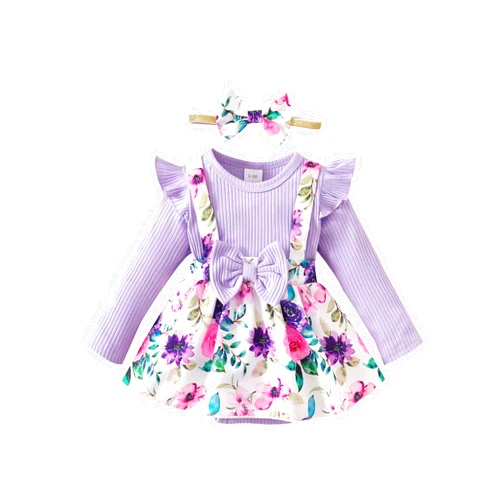HIGHUZZA Baby Girl Winter Clothes Toddler Girl Spring Outfit Long Sleeve Ruffle Romper Suspender Skirt Headband Set