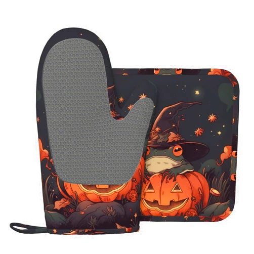Indokyeyqaz Frog Pumpkin Fairy Tale Oven Mitts and Pot Holders Sets, Home Silicone Heat Resistant BBQ Gloves for Kitchen Baking Cooking Grilling Microwave
