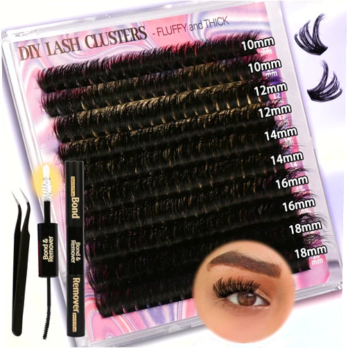Gmagictobo Lash Extension Kit DIY 200pcs D Curl Fluffy Volume Lash Clusters Eyelash Extension Kit, 10-18mm 80D Individual Lashes Kit with Lash Bond and Remover, Lash Tweezers for Self Use