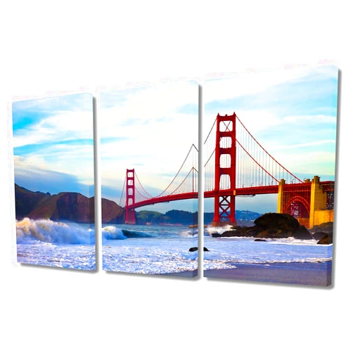 TUMOVO 3 Piece Canvas Wall Art for Living Room- Golden Gate Bridge, Marshall Beach Painting San Francisco Artwork Modern Home Decor Stretched and Framed Ready to Hang, 36