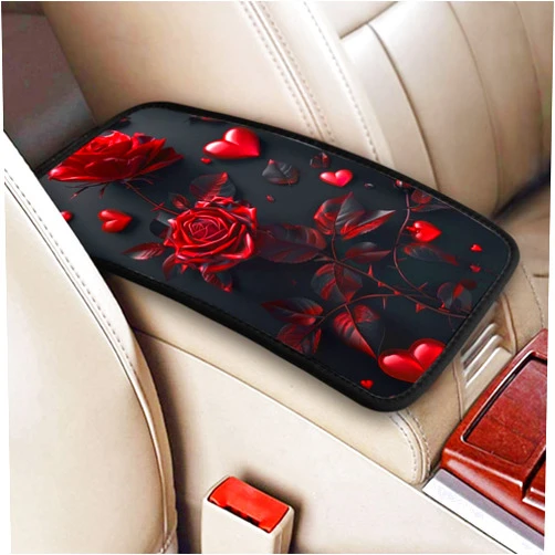 Indokyeyqaz Universal Car Center Console Cushion Pad, Red Rose Soft Waterproof Car Center Console Cover Auto Armrest Seat Box Cover Protector for Most Vehicle SUV Truck Car