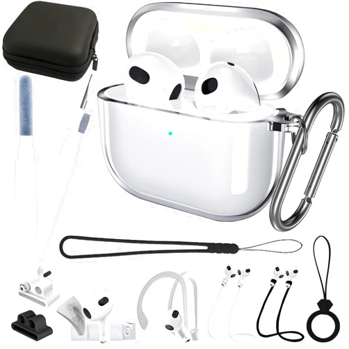 GAFKIDFO 12in1 Clear Case for AirPods 3 Case Cover Accessories Set Kit with Cleaning Pen 2021, Non-Yellowing Shock Absorption TPU Protective Case for AirPods 3rd Generation Case with Keychain Transparent