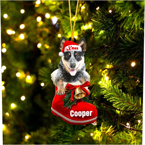 IZI POD Custom Dog Bred 2D Acrylic Ornament, Blue Heeler 2 in Santa Boot Christmas Two Sided Ornament, Dog Christmas Ornament, for Dog Lover, Dog Ornament