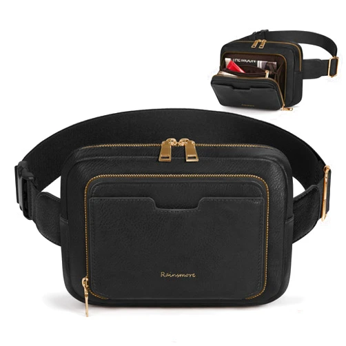 RAINSMORE Fanny Packs for Women, Leather Belt Bag Waterproof Everywhere Crossbody Waist Pack with Adjustable Strap Retro Sling Chest Bag for Work Running Travel Party, Black