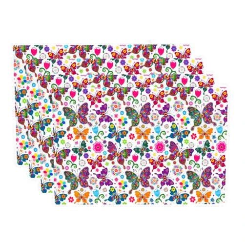 XALOGEER Butterfly Placemats Set of 4 Colorful Butterflies and Flowers White Linen Washable Place Mats Rectangle Cloth Table Mat for Party Kitchen Dining Decoration Indoor Outdoor, 12x18 inch