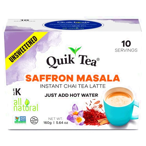Quik Tea QuikTea Unsweetened Saffron Masala Chai Tea Latte Powder- 10 Count Single Box - All Natural Sugar Free Instant Chai Tea Mix- Just Add Hot Water (Regular) | Healthy Coffee Alternative