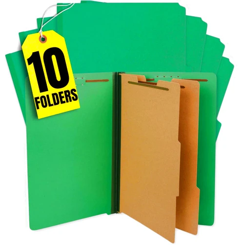 1InTheOffice Pressboard Classification Folders, 2 Dividers, Letter Size, Green, 6 Fasteners,10 Pack