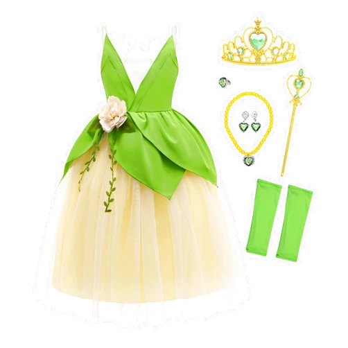 CQDY Princess Tiana Costume for Girls Green Frog Fairy Fancy Dress Halloween Birthday Party Outfits Clothes