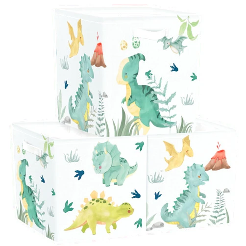 Clastyle Dinosaurs Kid Storage Cube Organizer Set Leaf Closet Clothes Cube Storage Bin Nursery Toddler Baby Toy Box Chest Boys Girls Book Shelf Basket, Green, 3 Pcs