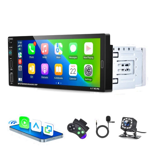 EKAT Single Din Carplay Radio with Wired Android Auto - 6.86 Inch Touchscreen Car Stereo with EQ, Mirror Link, TF Card, Steering Wheel Control, AUX-in + 12 LED Backup Camera