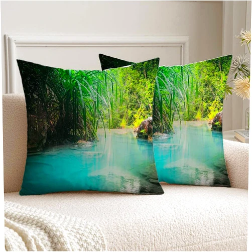 Bknnami Set of 2 Velvet Decorative Square Throw Pillow Cover Southeast Jungle Flowing Turquoise Streaming Water Erawan Nature Design Nobody River Color Sunny Cushion Cover for 18x18 Inch Couch Bed Car