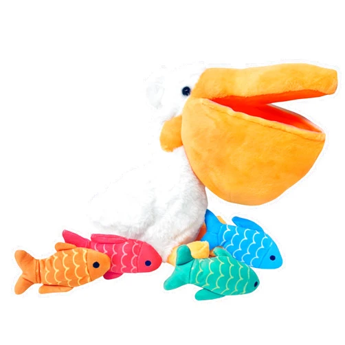 Off the Wall Toys Charlie & LEW Interactive Pelican & Fish Hide and Seek Toy - Crinkle Squeaky Fun for Small Breed Dogs & Cats, Durable & Engaging Fun and Bright Colors