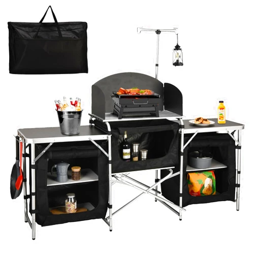 JOUYEK Camping Table, Camping Kitchen Table, Folding Camping Table with Storage Bag, 3 Multifunctional Storage Cupboards & Windshield Cooking Station, for BBQ, Picnic, Cooking