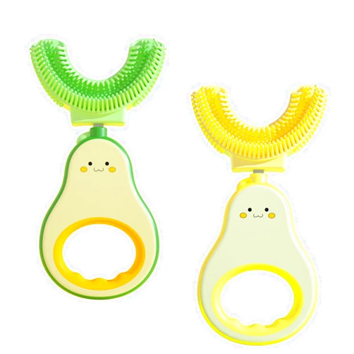 RAXIFU 2 Pack Toddler Toothbrush for Age 2-6 Years,Kids Toothbrush for 1-7 Years Children, U-Shape Extra Soft Toothbrush for Children （Pear Green-Yellow）