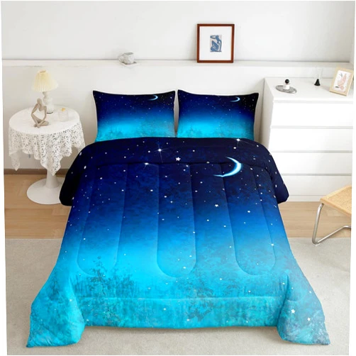 Erosebridal Aesthetic Bedding Set Queen,3 Piece Star Moon Galaxy Comforter Set for Kids,Kawaii Bed Set Star Space Down Comforter,Soft Reversible Starry Sky Duvet Insert with 2 Pillow Shams(Navy Blue Gradient)
