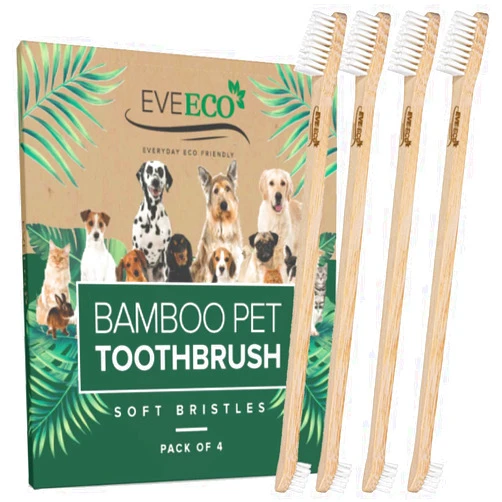 EveEco 4-Pack Bamboo Dog & Pet Toothbrushes - 2 Brush Heads Large & Small with Extra Long 8.5