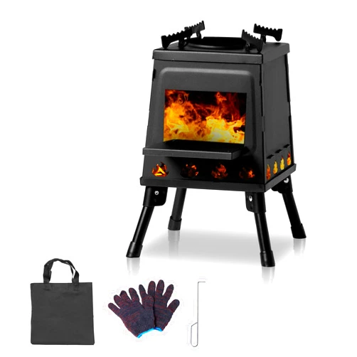Doredo Wood Burning Stove with Pot Stand, Portable Camping Wood Stove with Folding Leg, Outdoor Cast Iron Wood Stove with Carrying Bag, Firewood Hook for Camping Cooking, Medium