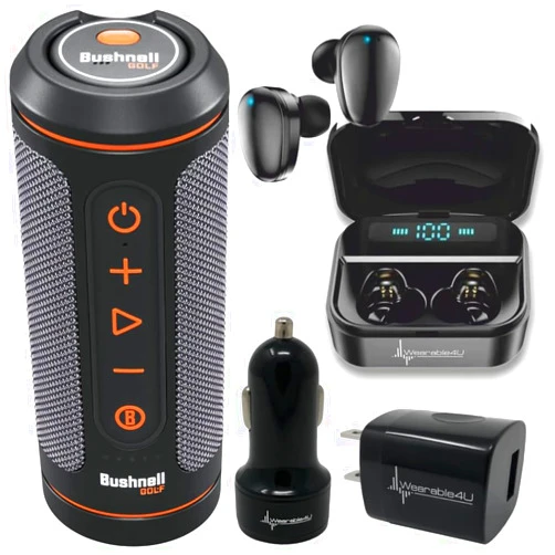 Wearable4U Bushnell Wingman 2 GPS Bluetooth Speaker with Included Wearable4U Ultimate Black Earbuds with Power Case and Wall/Car Chargers Bundle