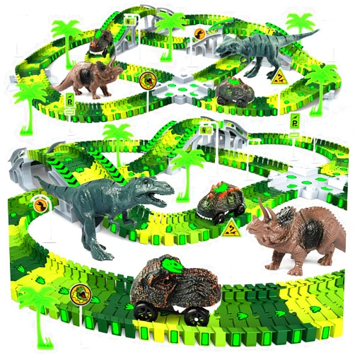 Desuccus Dinosaur Toys, Create A Dinosaur World Road Race Tracks Glow in The Dark Flexible Train Track Playset, 2pcs Dinosaur Car for 3 4 5 6 Year Old Boys Girls Christmas Birthday Gift